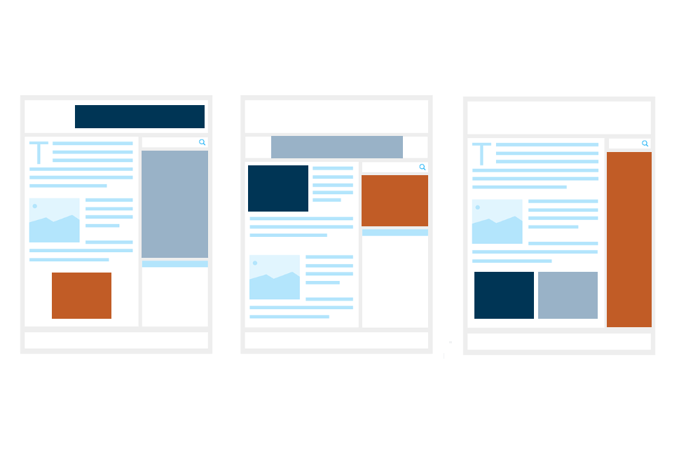 Grafika prezentuje trzy różne układy formatów banerów reklamowych na stronach WWW, z różnymi rozmieszczeniami tekstu, obrazów i sekcji reklamowych