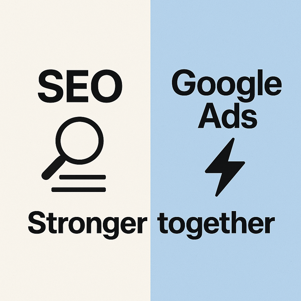 Dwuczęściowa grafika porównująca SEO i Google Ads z napisem „Stronger together” na środku. Po lewej stronie widoczna ikona lupy symbolizująca SEO, po prawej błyskawica oznaczająca Google Ads.