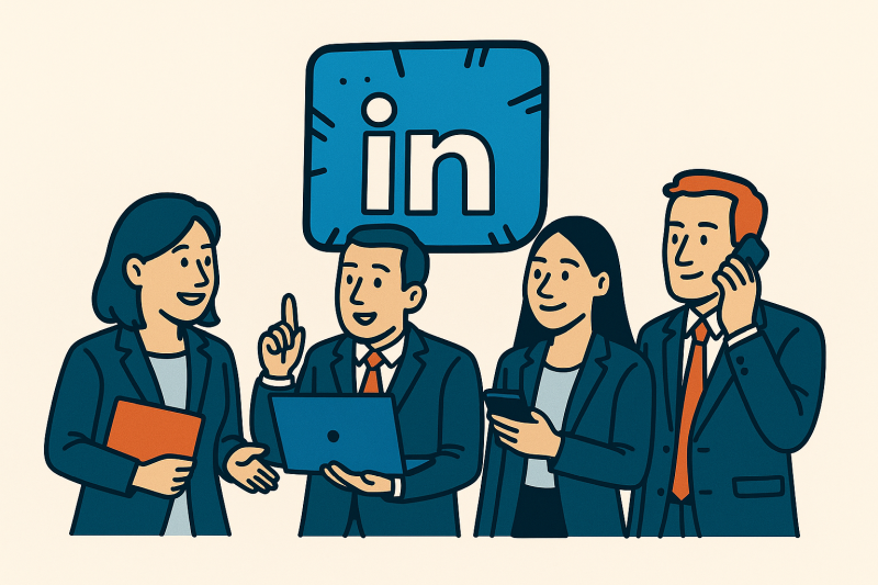 Grupa profesjonalistów na tle logo LinkedIn – kampanie reklamowe w sieci biznesowej.