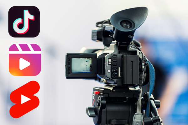 Kamera do nagrywania wideo na tle ikon TikTok, Instagram Reels i YouTube Shorts