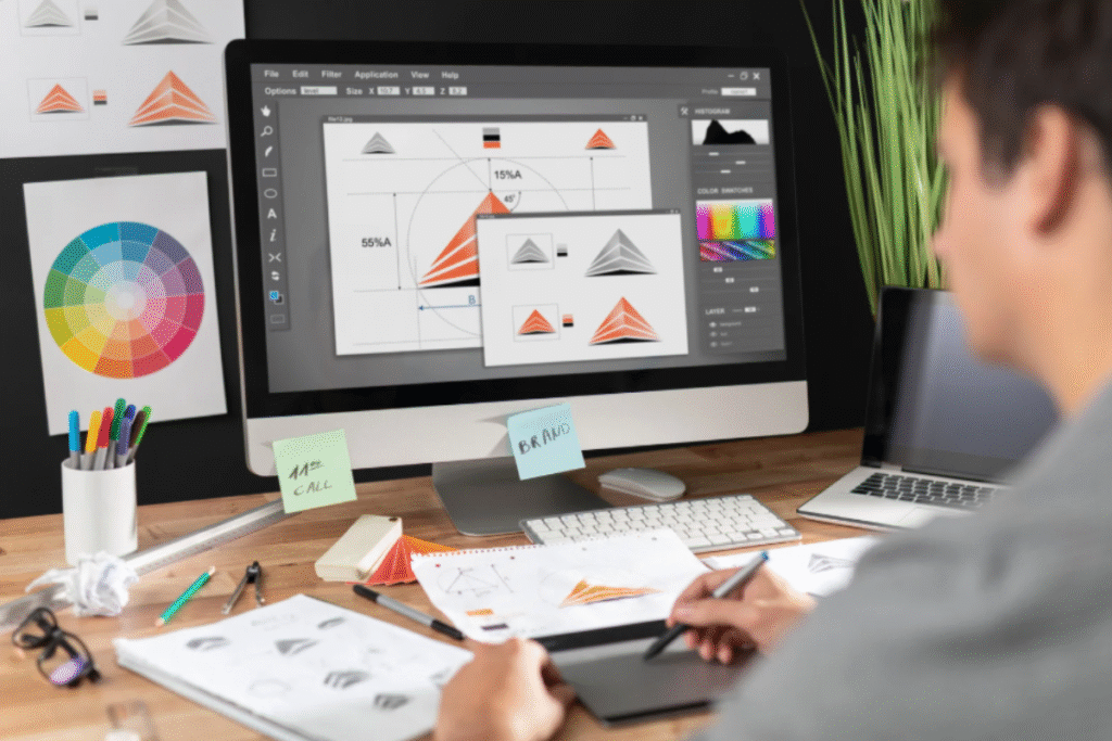 Projektant pracujący nad identyfikacją wizualną marki – logo, kolorystyka i siatka projektowa na ekranie komputera, dokumenty brand booka na biurku.