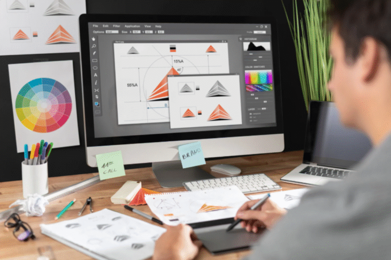 Projektant pracujący nad identyfikacją wizualną marki – logo, kolorystyka i siatka projektowa na ekranie komputera, dokumenty brand booka na biurku.