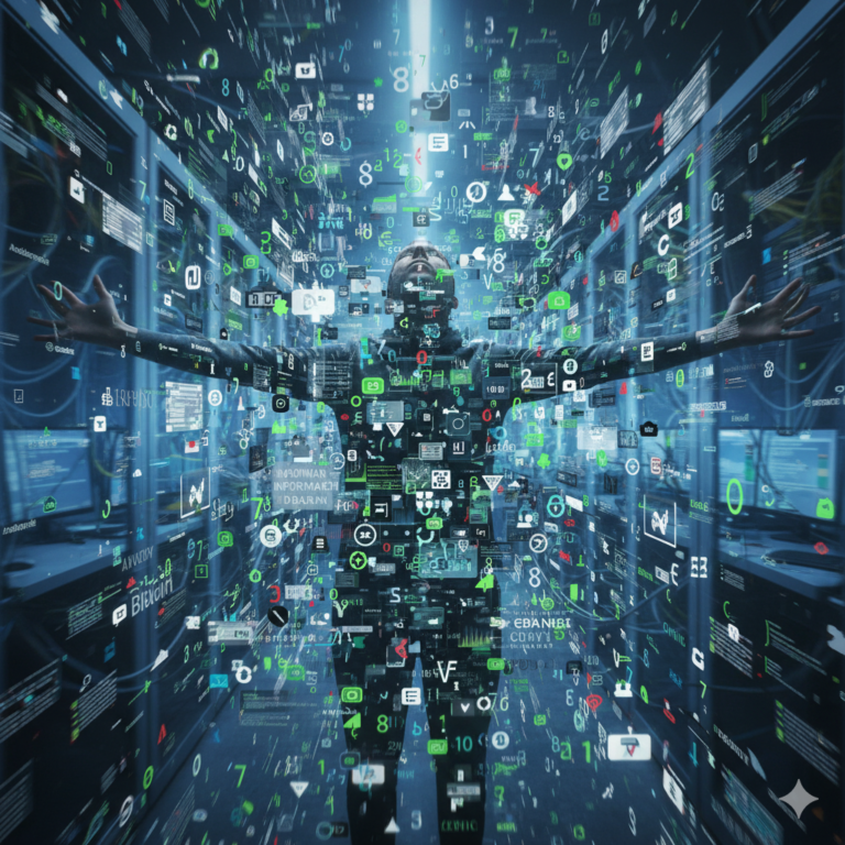 Postać otoczona cyfrowymi danymi i wykresami – symbol interpretacji raportów z Google Ads i Google Analytics 4 w marketingu online.