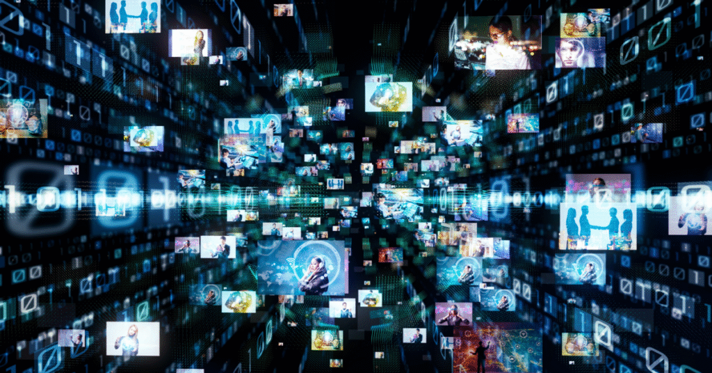 Wizualizacja cyfrowej przestrzeni pełnej danych, zdjęć i binarnych sygnałów – symbol działania sztucznej inteligencji w marketingu online.