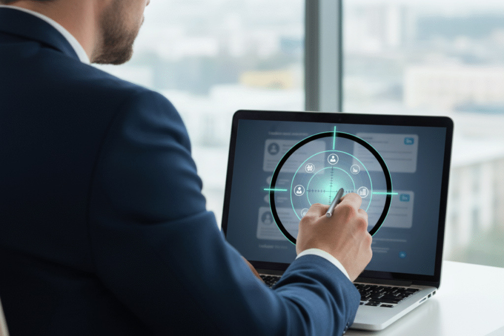 Mężczyzna w garniturze analizuje dane na laptopie z cyfrowym celownikiem symbolizującym precyzyjne targetowanie kampanii na LinkedIn.