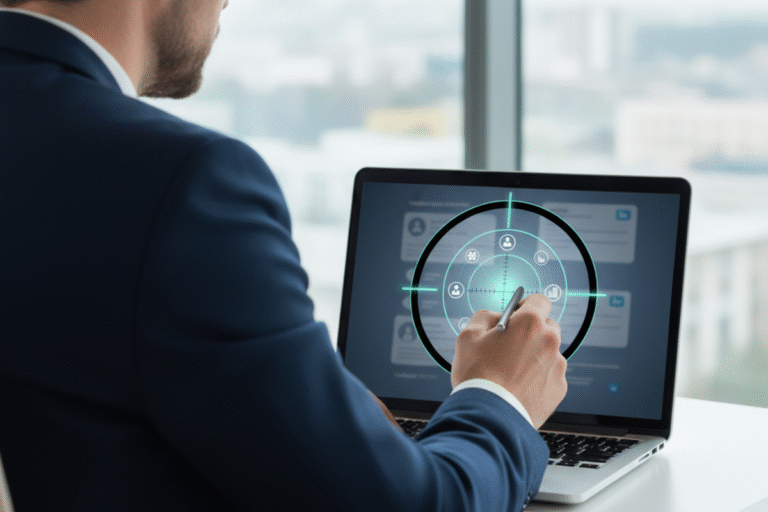 Mężczyzna w garniturze analizuje dane na laptopie z cyfrowym celownikiem symbolizującym precyzyjne targetowanie kampanii na LinkedIn.