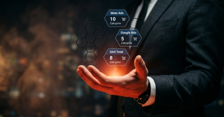 Grafika przedstawiająca rozbieżności w raportowaniu zakupów między Meta Ads, Google Ads i GA4 na dłoni biznesmena.