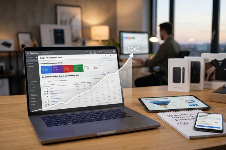 Laptop z panelem Google Ads i rosnącym wykresem ROAS w biurze e-commerce