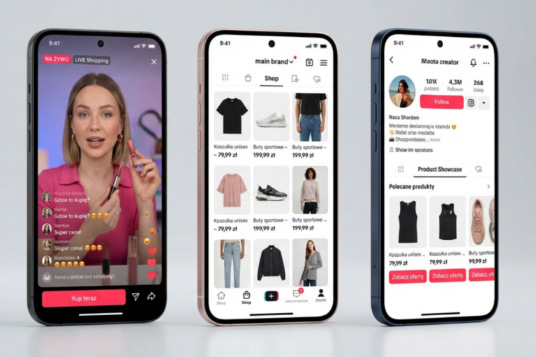 TikTok Shop w Polsce. Smartfony wyświetlające aplikację TikTok Shop i formaty zakupowe w e-commerce.