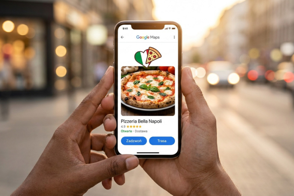 Smartfon z aplikacją Google Maps i widokiem na profil Pizzeria – przykład kampanii lokalnej Google Ads