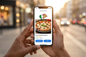 Smartfon z aplikacją Google Maps i widokiem na profil Pizzeria – przykład kampanii lokalnej Google Ads