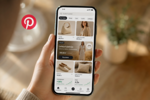 Smartfon z aplikacją Pinterest wyświetlający kampanię Pinterest Shopping Ads i optymalizację feedu produktowego
