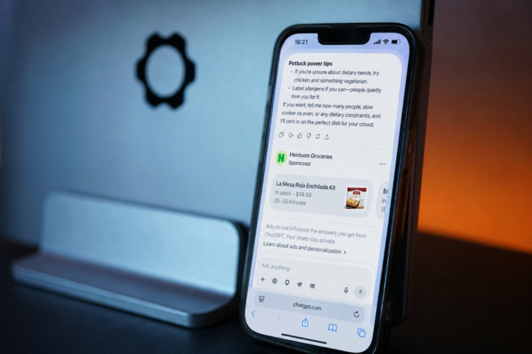 Telefon z ekranem prezentującym reklamę sponsorowaną w ChatGPT, stojący na biurku w nowoczesnym wnętrzu.
